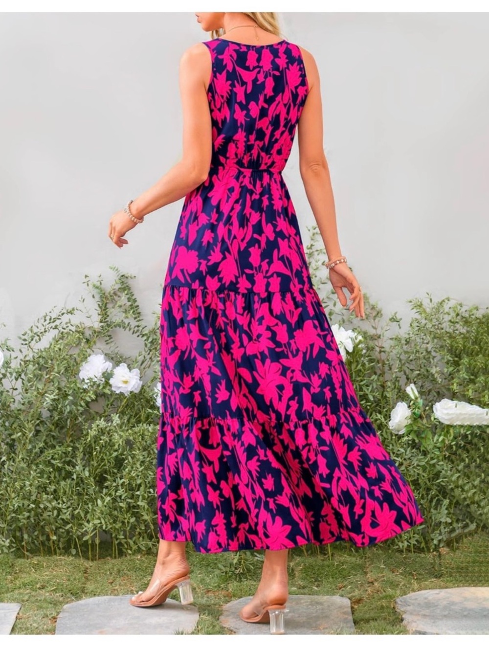 Amazon Sleeveless V-Neck Maxi Dress in Fuchsia and Navy Floral - Picture 2 of 6